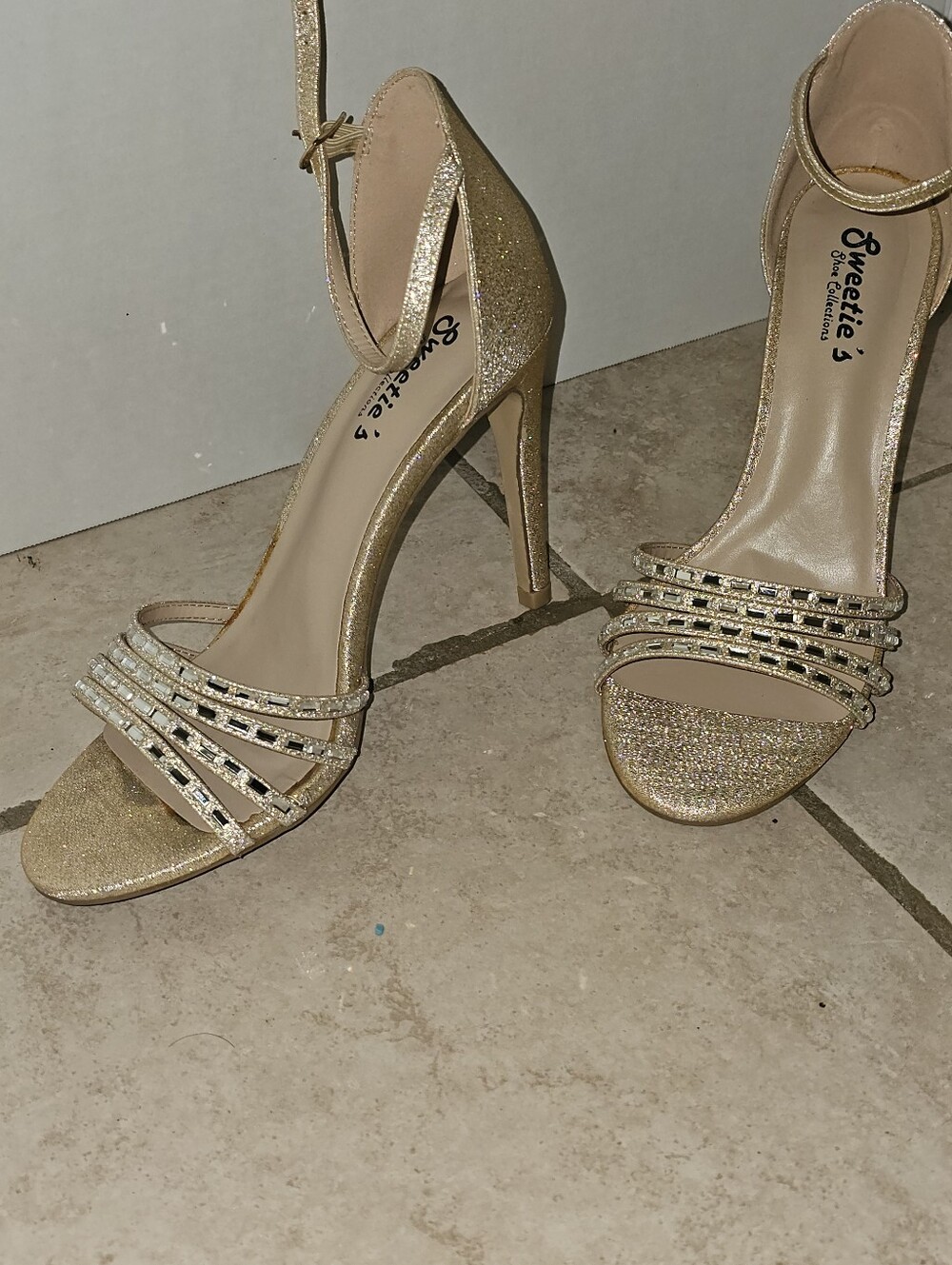 Gold Glitter Rhinestone Ankle-Strap Heels